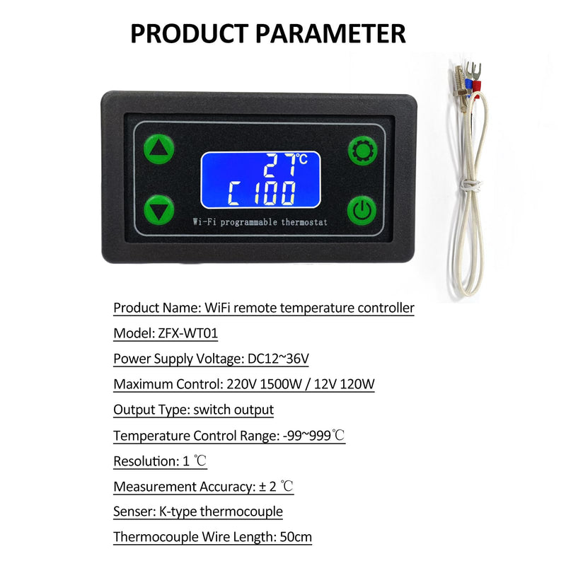 [Australia - AusPower] - ZFX-WT01 WiFi Remote High Temperature Digital Thermostat K-type Thermocouple High Temperature Controller -99~999℃ 