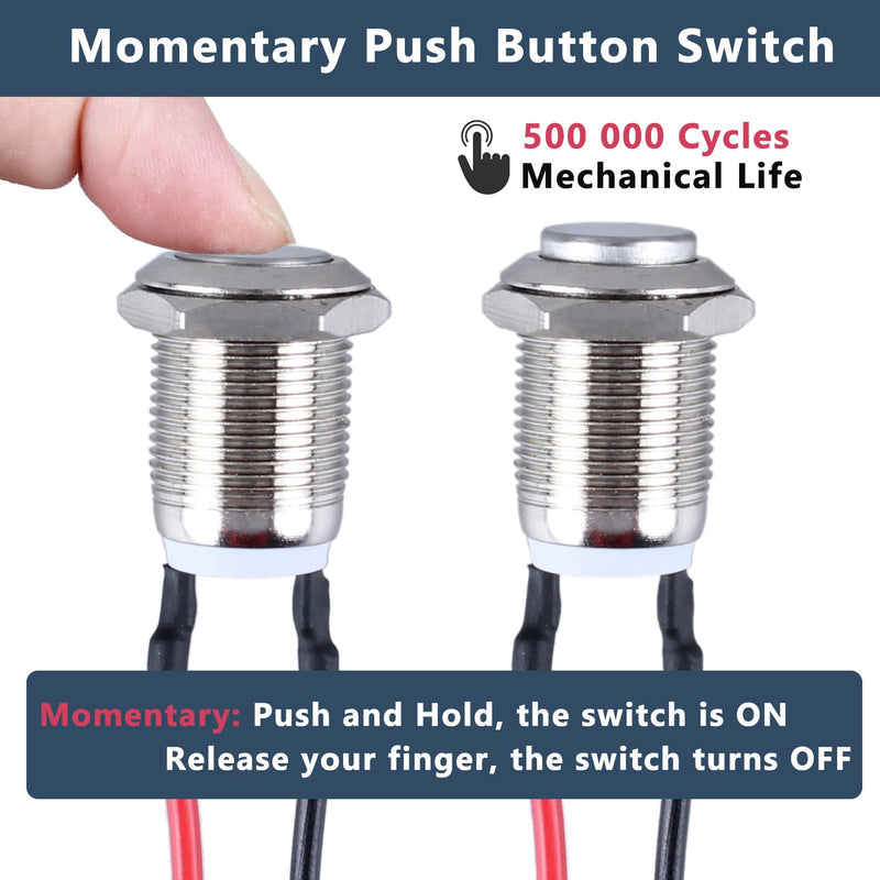 [Australia - AusPower] - 2-Pack 12mm Momentary Metal Waterproof Push Button Switch Raised Head 1/2" Mounting Hole with Pre-soldered Cable 250V 3A 1NO Momentary with Cable 