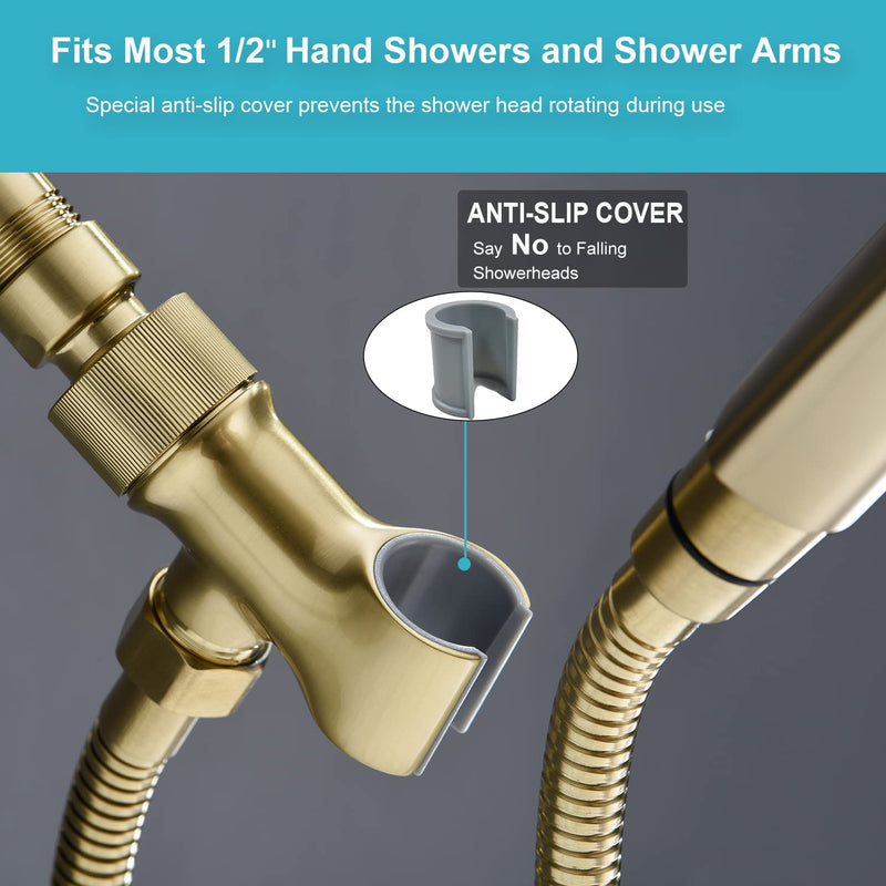 Shower Head Holder All Metal Adjustable Handheld Shower Arm Mount, 1/2" Shower Hose Holder Fits Most Hand Showerheads, Brass Hand Held Shower Head Holder , Easy to Install(Brushed Gold) Brushed Gold