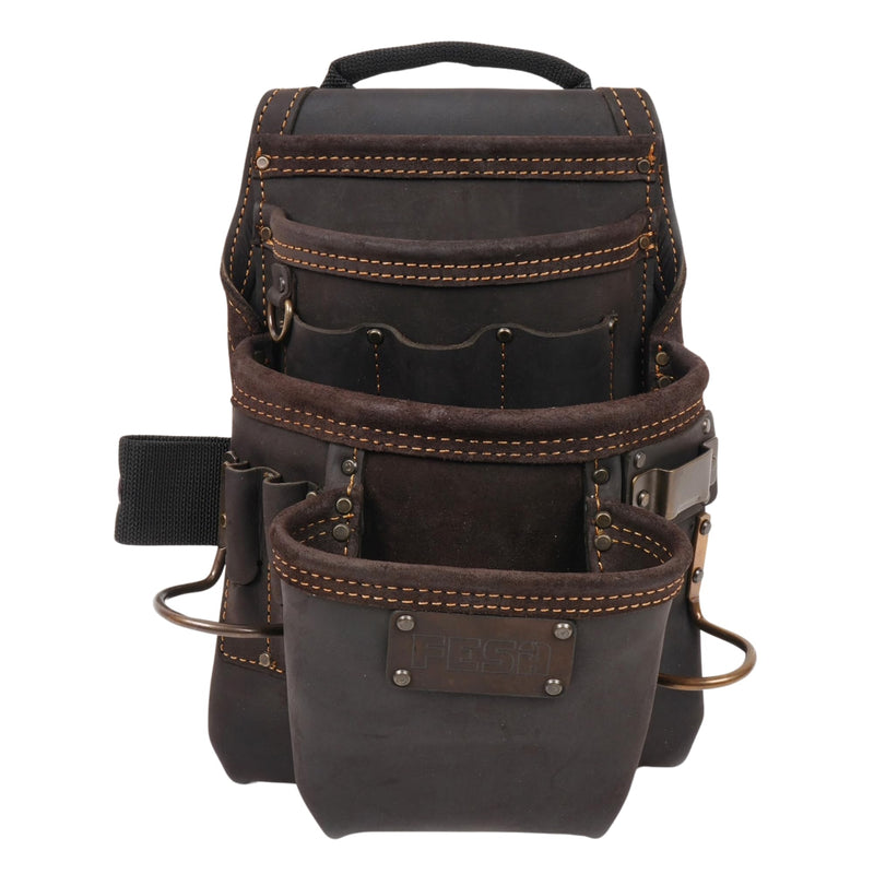 FESA Leather Carpenter Tool Pouch - 10-Pocket Heavy Top Grain Leather Carpenter Pouch with 2 Hammer Loops, Tape Clip, Large & Small Pockets - Fits Work Belts up to 3" - Handcrafted Brown
