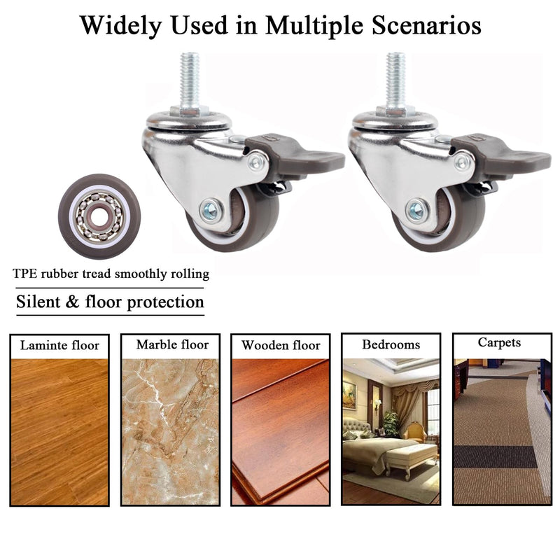 [Australia - AusPower] - 1 Inch Caster Wheels with M6 Threaded Stem, Small Swivel Stem Casters Set of 4 with Brakes, TPE Rubber Rolling 15 mm Screw Wheels for Furniture Tiny Shopping Cart Wire Shelving 1 Inch 