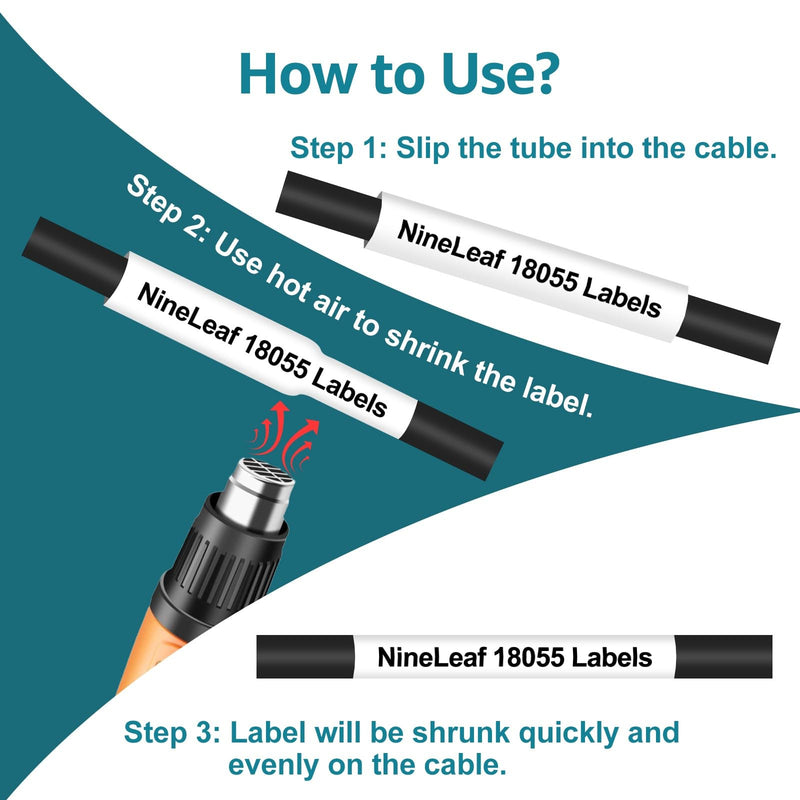 NineLeaf 4 Pack Compatible Labels Tape Replacement for Dymo 18055 1/2 inch Black on White Heat Shrink Tube Labels 12mm x 1.5m for Wires and Cables Use in Rhino 4200 5200 5000 6000 3M Label Maker