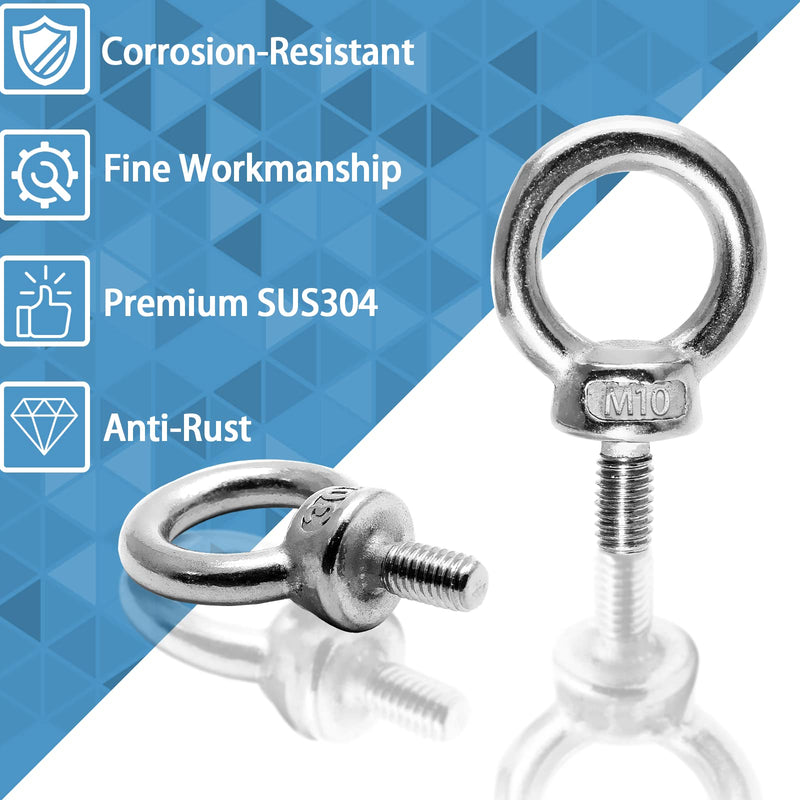 [Australia - AusPower] - 4pcs M10 Eye Bolt, Stainless Steel Male Thread Machinery Shoulder Lifting Ring Eye Bolt, Heavy Duty Screw Eyebolt M10-4pcs 