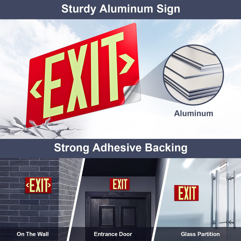 [Australia - AusPower] - Photoluminescent Exit Sign Aluminum - Adhesive Backing Glow In The Dark - Removable Arrows Included - 12x7 Inches - Non Electrical Red Exit Light For 50 Feet Visibility (2 Pack) 2 Pack 