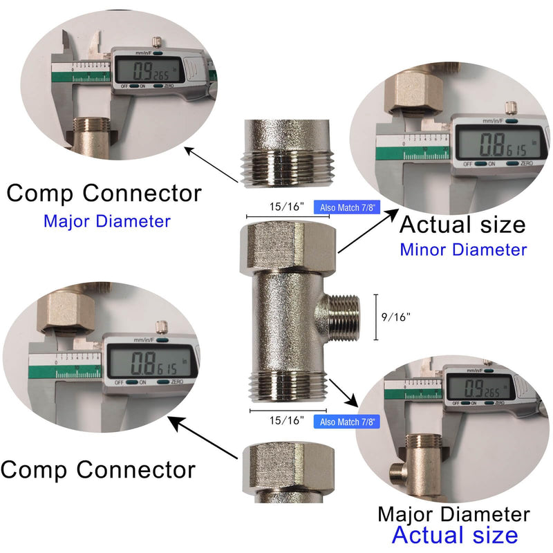 Bidet T Adapter - T Valve for Bidet, 15/16″ x 15/16″ x 9/16″ or 7/8″ x 7/8″ x 3/8″, Brass Coated Nickel, 3 Way Adapter or Tee Connector
