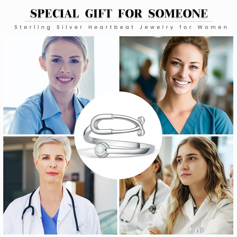 [Australia - AusPower] - Stethoscope Rings for Women Sterling Silver Adjustable Heartbeat Jewelry for Doctor Nurse Medical Student RN Nurse Gifts Opal 