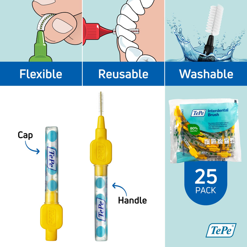 [Australia - AusPower] - TEPE Interdental Brush Original, Soft Dental Brush for Teeth Cleaning, Pack of 25, 0.7 mm, Medium Gaps, Yellow, Size 4 25 Count (Pack of 1) 