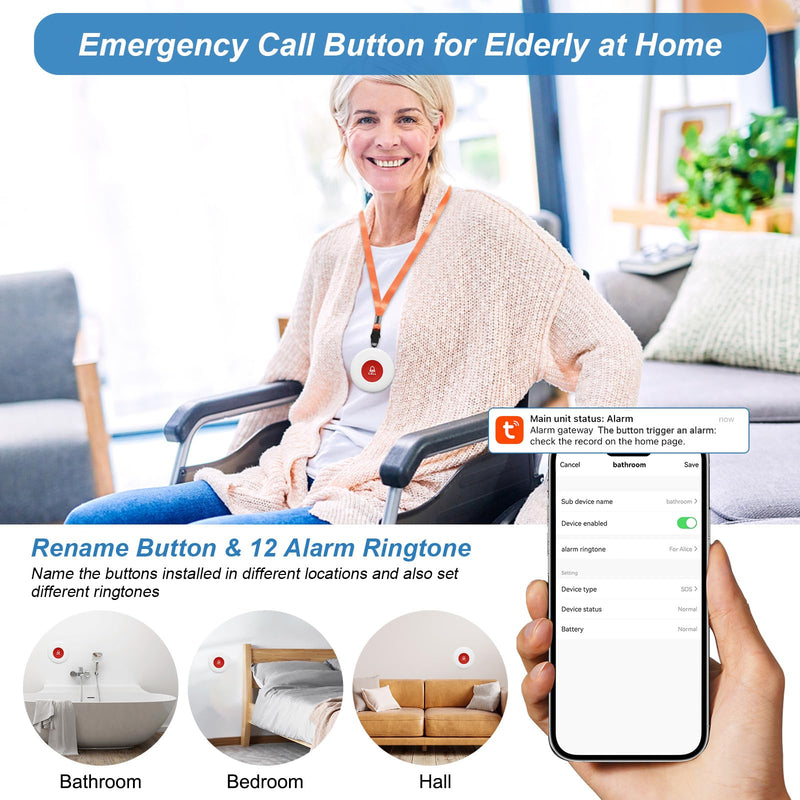 [Australia - AusPower] - WiFi Rechargable Smart Wireless Caregiver Call Button Nurse Calling Life Emergency Alert System for Seniors Elderly Patient Disabled Kids 3 SOS Panic Buttons 1 Receiver (only Supports 2.4GHz Wi-Fi) 3 Button & 1 Receiver 