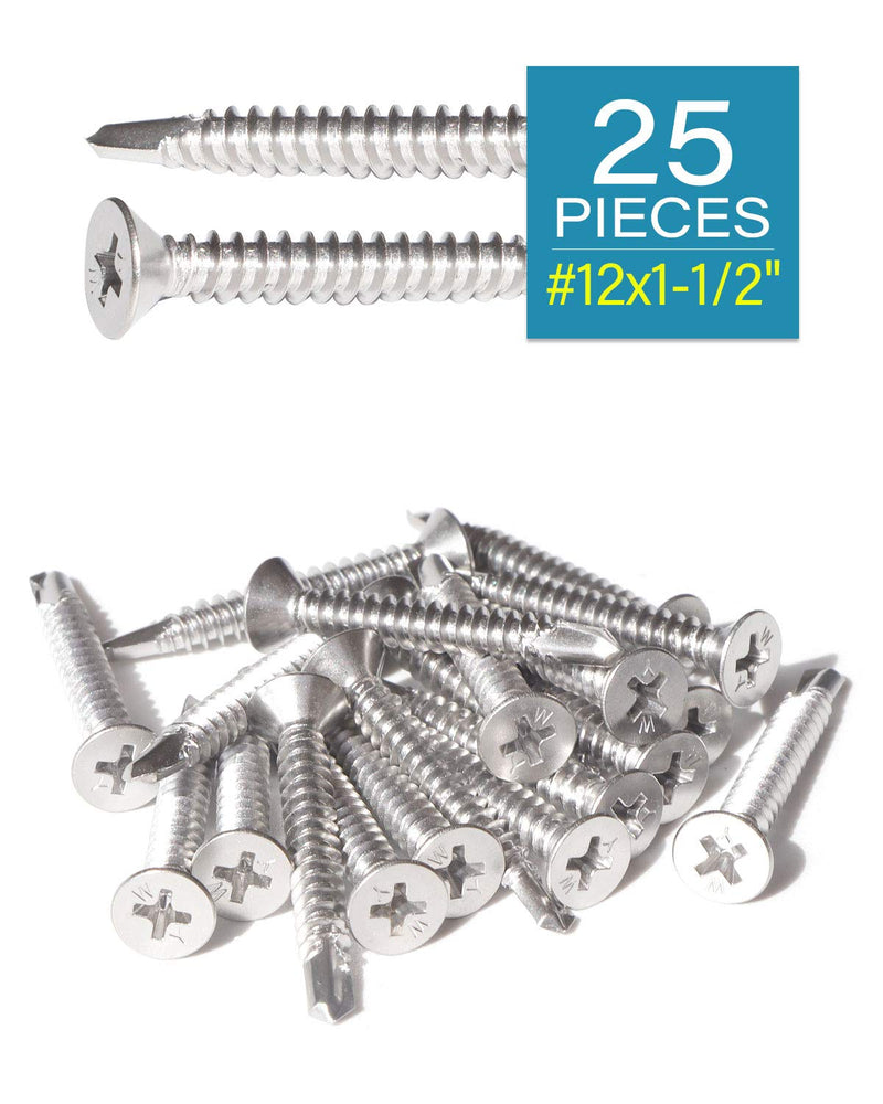 [Australia - AusPower] - Stainless Steel Sheet Metal Screws #12 x 1-1/2 Inch 25pcs, Self Drilling Flat Head Phillips Stainless Steel 410 Screws Standard Thread Teks Screws for Wood to Metal Stud by IMSCREWS #12 x 1-1/2" 25 