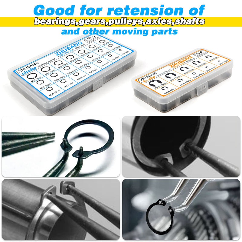 [Australia - AusPower] - 800Pcs C-clip External Retaining Rings Snap Rings Assortment Kit Circlip Alloy Steel(M4-M28) + E-clip Retaining Rings Assortment Set(1.5mm-10mm) + 5Pcs Snap Ring Plier + Tweezer Alloy Steel 500Pcs C-Clip 