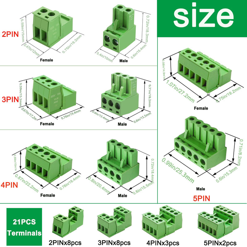 [Australia - AusPower] - Tnisesm 21Pcs Screw Terminal Block Connector Kit 5.08mm Pitch Pluggable (2Pin 3Pin 4Pin 5Pin) 300V 15A for 28-12AWG Cable 