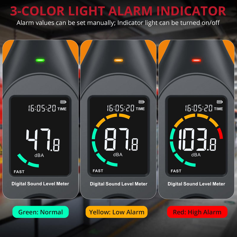 BINTA Decibel Meter Sound Level Meter 30dB to 130dB | With data acquisition and graphic printing, 43,000 data sets, A/C weighted, MAX, 3-colour alarm for DIY shops