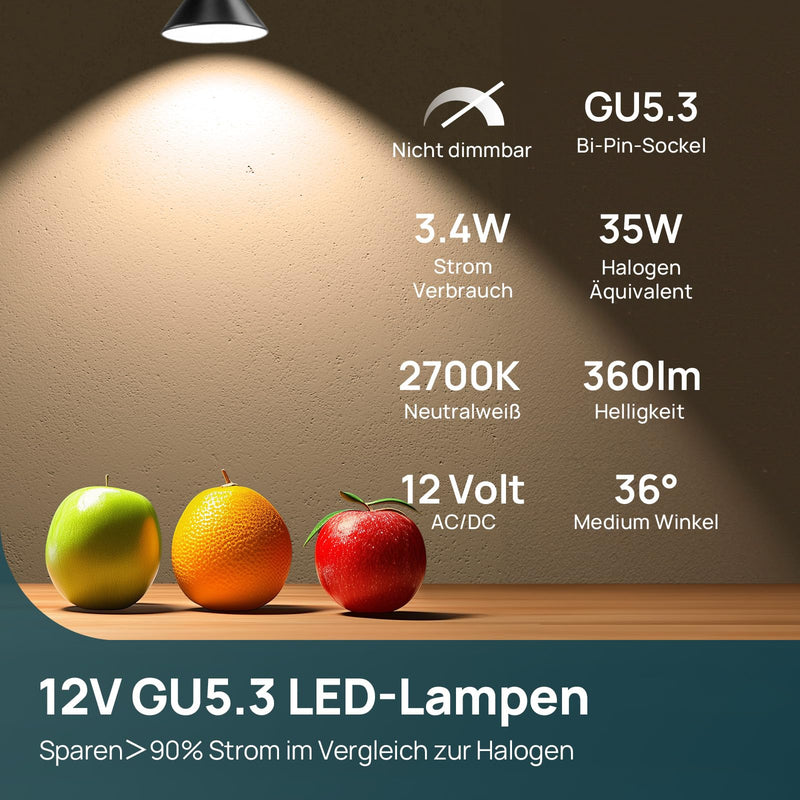 Linkind 12 V GU5.3 LED 3.4 W, 35 Watt Replaced, 2700 K Warm White 36° Beam Angle LED Spot MR16, 360 Lm AC/DC 12 V LED Bulb, 25,000 Hours Life, Not Dimmable, Pack of 5 5 pieces