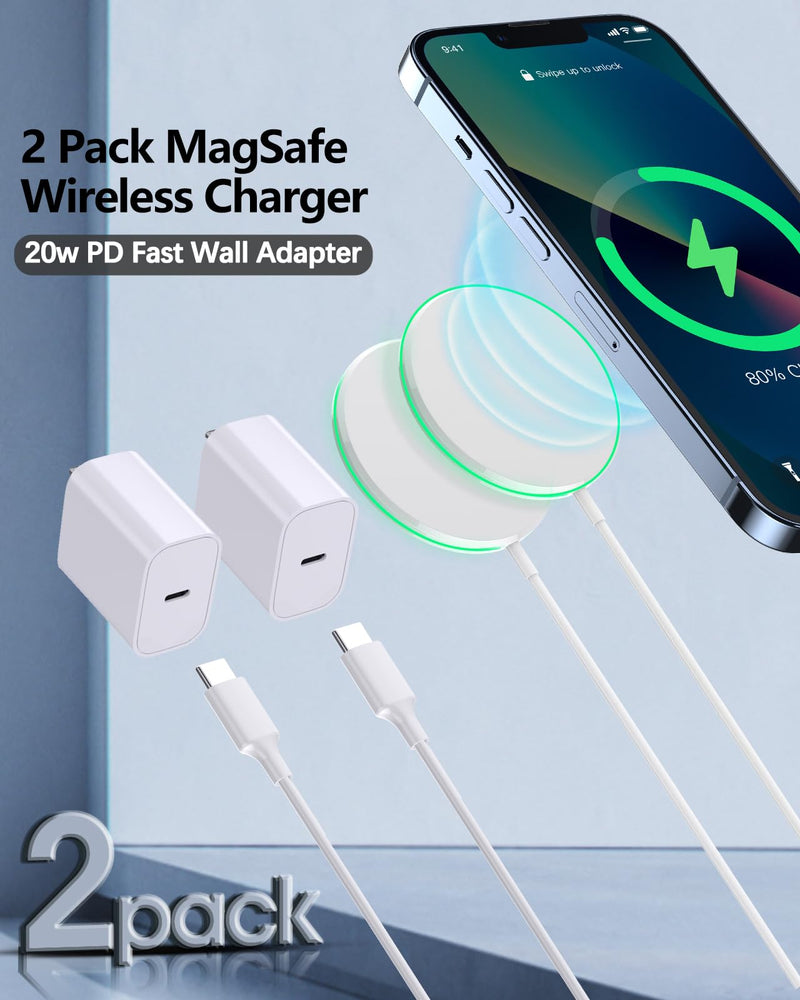 [Australia - AusPower] - 2 Pack Magnetic Wireless Charger 15W Apple Mag-Safe Charger with 20W Adapter for iPhone 15/14/13/12 Pro/Max/Plus/Mini and AirPods 3/2/Pro 2/Pro Wireless Charging Pad with 5ft Cable White magnatic charger 