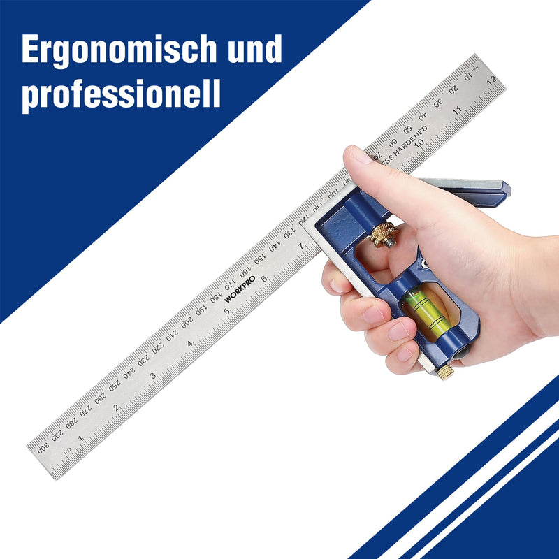 [Australia - AusPower] - WORKPRO Combination Square 300 mm, Try Square Universal Angle with Spirit Level and Scribe Needle, Adjustable Protractor Made of Stainless Steel 90/45 Degree Measuring Tool with Zinc Alloy Handle 300mm 