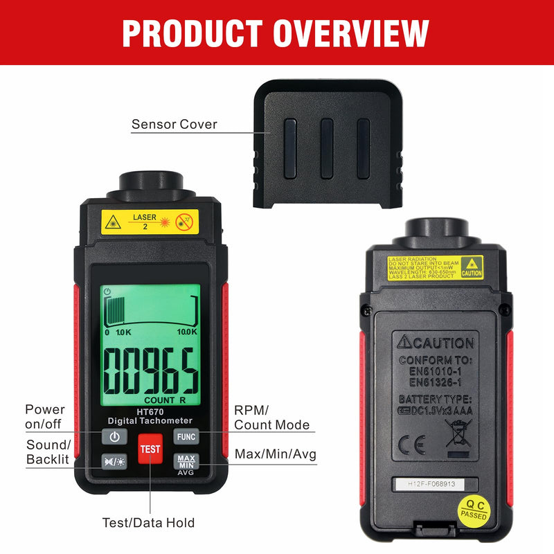 [Australia - AusPower] - Digital Tachometer with Reflection Tape, 3~99999RPM High Accuracy Non Contact RPM Tachometer with Large LCD Backlit, Data Hold, and Max/Min Function 