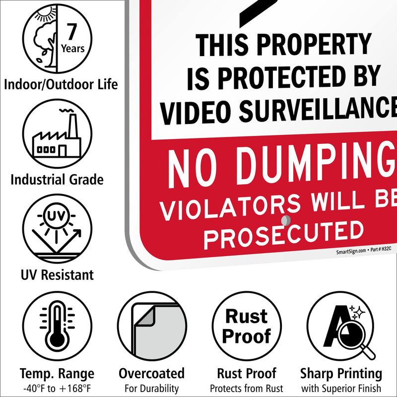 SmartSign 18 x 12 inch “Warning - Property Protected By Video Surveillance, No Dumping” Metal Sign, 120 mil Aluminum Composite (ACM), Engineer Grade Reflective Material, Red, Black and White, USA-Made