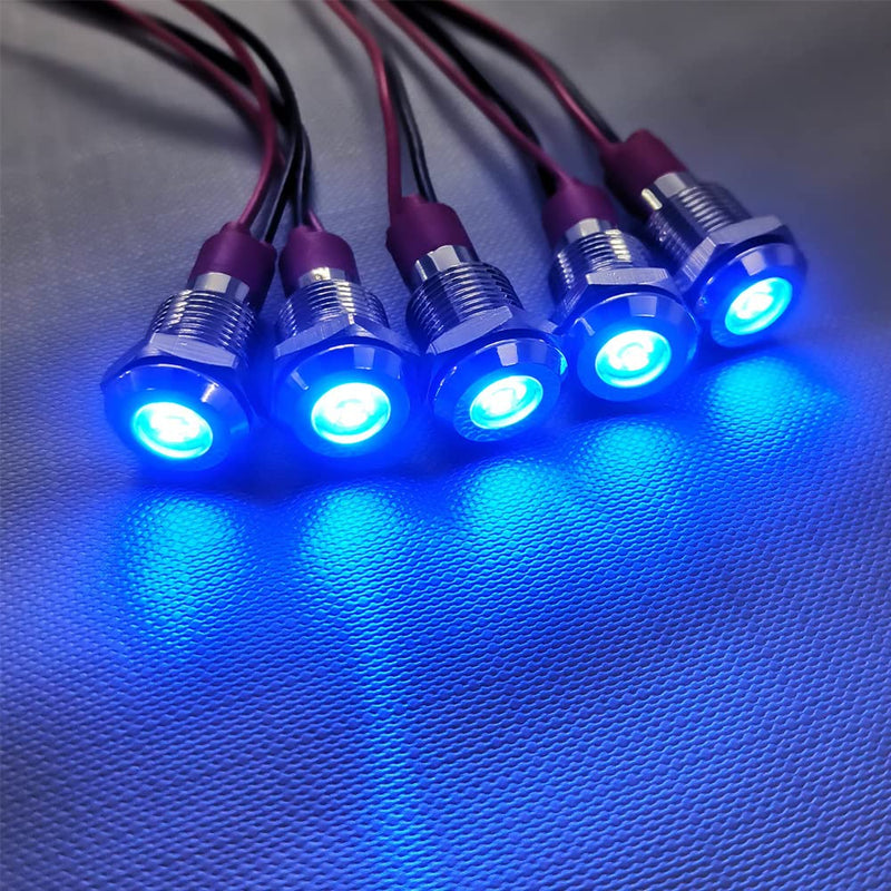 [Australia - AusPower] - 10mm 3V-4.5V-5V-6V-7.5V-9VDC Waterproof Signal Indicator Lamp with Wire, Energy Saving LED Metal Indicator Light(5pcs x Blue) 