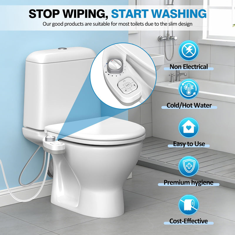 Non-Electric Bidet Attachment for Toilet, Ultra Slim Hot & Cold Water Bidet with Self-Cleaning Nozzle, Adjustable Water Pressure, Warm Water Feminine & Rear Wash (Requires Hot Water Line)