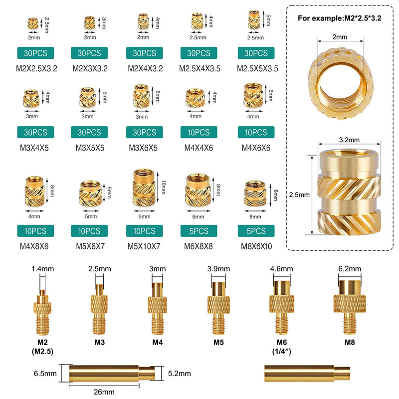 310-Piece Threaded Inserts Soldering Tips Set with 100 W LCD Soldering Iron for 3D Printing | 300 brass melting thread M2 M2.5 M3 M4 M5 M6 M8 with 6 pieces. Soldering Tips & 2 Adapters, Melting Nuts for Plastic Parts