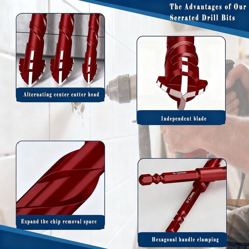 10pc Red Serrated Eccentric Masonry Drill Bit, Serrated Concrete Drill Bit Set for Ceramic Tile Brick Glass Plastic Marble and Wood (3/16” to 1/2”).
