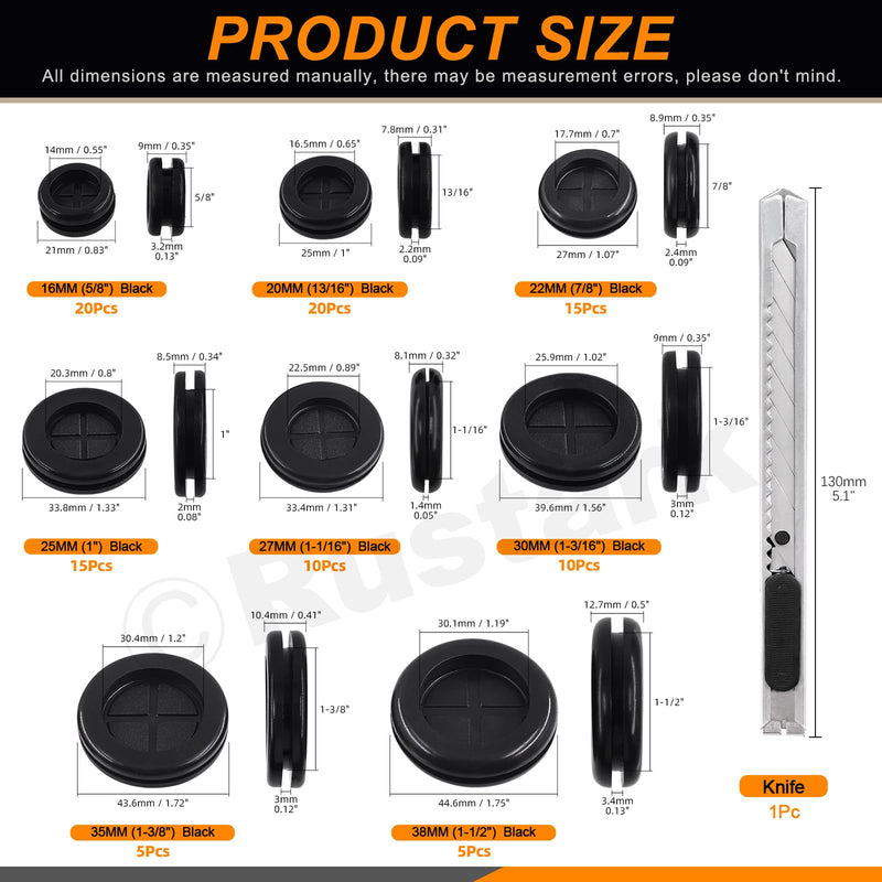 [Australia - AusPower] - 101Pcs 8 Sizes Black Double Sided Rubber Grommet Assortment Kit with Knife Drill Hole Rubber Grommet Rubber Plugs Wire Cable Grommet Firewall Hole Plugs for Holes Wiring 