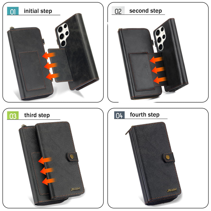 [Australia - AusPower] - for Samsung Galaxy S24 Ultra Wallet Case,Multi-Function Wallet Case, Detachable 3 in 1 Magnetic Galaxy S24 Ultra Case Wallet,Flip Strap Zipper Card Holder Phone Case with Shoulder Straps(Black) Black 