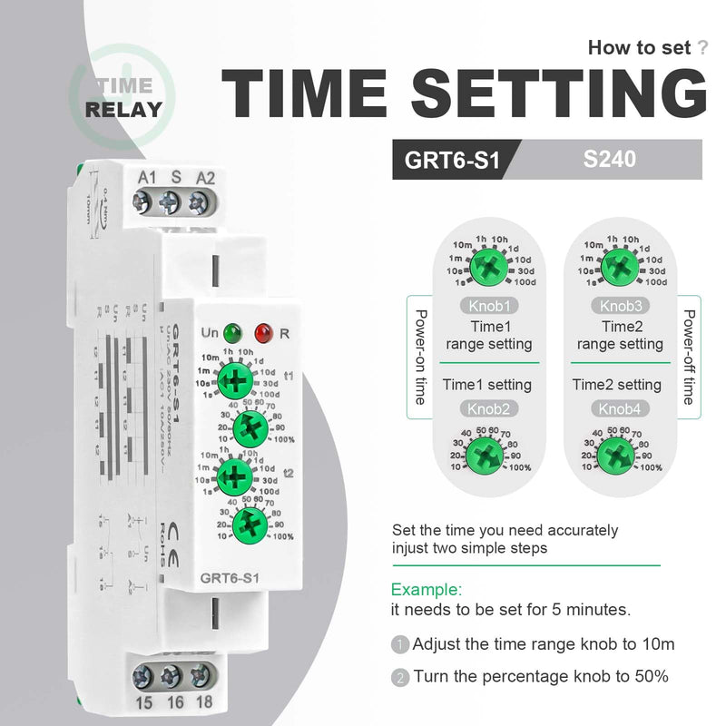 Asymmetric Cycle Timer Relay AC DC 24V-240Volt 10A, SPDT Mini Adjustable Repeat Cycle Time Relay Switch ON Off GRT6-S1, Electronic Timer Relay 10-Position from 1S to 1 Minute to 100 Days in Din Rai GRT6-S1 24-240V AC/DC 10A