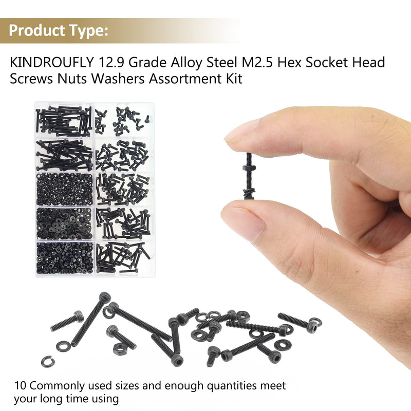 [Australia - AusPower] - 562 Pieces Black M2.5 x 4/6 /8/10 /12/16 /20mm Hex Socket Head Cap Screws Nuts Washers Assortment Kit, 12.9 Grade Alloy Steel 