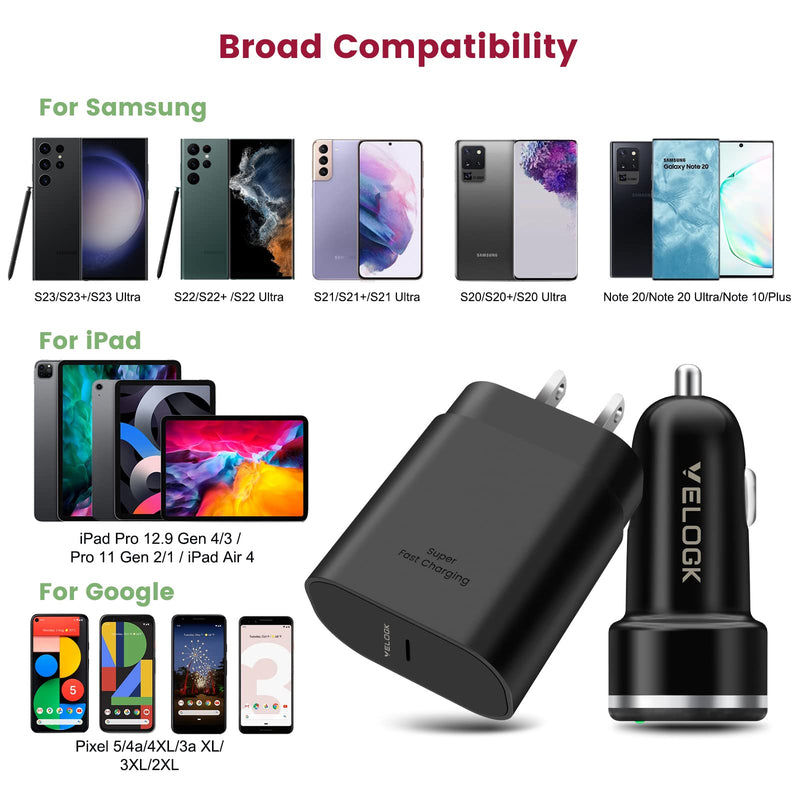 [Australia - AusPower] - Super Fast Charger Type C Kit, VELOGK 25W PD PPS USB C Wall/Car Charger for Samsung Galaxy S24/S23 Ultra/S23+/S23/S22/S21/S20/Plus/Ultra/FE/Note 20/A71, iPad Pro, with 2X Nylon USB C-to-C Cable(3.3ft) 3.3ft 