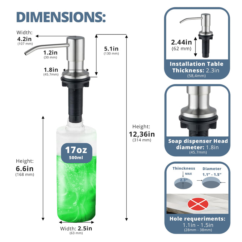 SBEN Built in Kitchen Soap Dispenser Set (Large 17oz Refillable Bottle Included) - Stainless Steel Soap Dispenser, Brushed Nickel for Corrosion-Resistant -ABS Pump Head, 360° Rotation