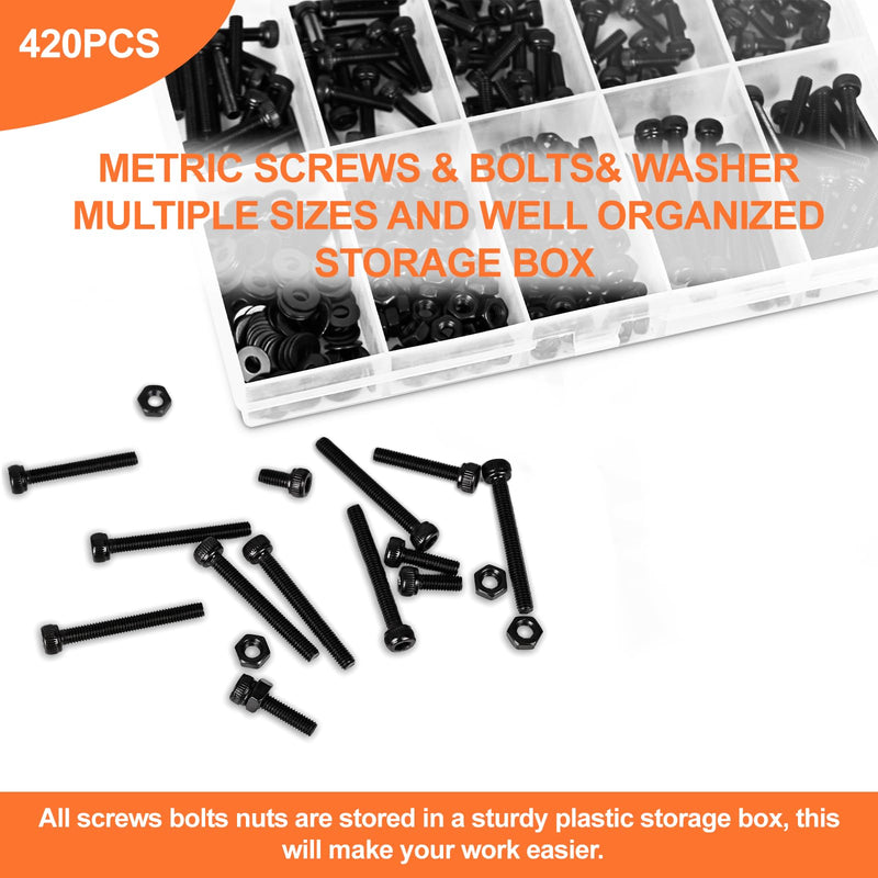[Australia - AusPower] - 420pcs M3 Screw Kit, Premium M3 Bolts for 3D Printing, Hex Socket Head Cap Screw Assortment with Nuts and Washers, M3 x 6mm /8mm /10mm /12mm /16mm /20mm /25mm (Black) 