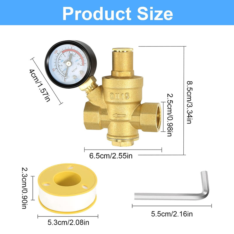 [Australia - AusPower] - Water Pressure Regulator 1/2 inch with Gauge, Made of 100% High Hardness Brass, Adjustable Water Pressure Reducing Valve Water 