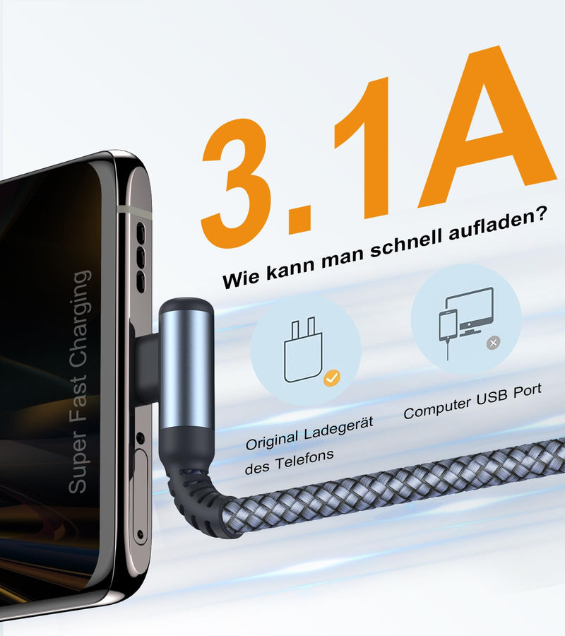 USB-C Cable 3.1 A Fast Charge (2 Pack, 2 m), Charging Cable, USB-C Angle Type-C Cable, Nylon Braided, for Samsung Galaxy S22, S21, S20, S10, S9, S8 Plus, Note 20, 10, 9, 8, A72, A71, A52, A51, A50, M31, M30s, M20, V30 2 m + 2 m gray