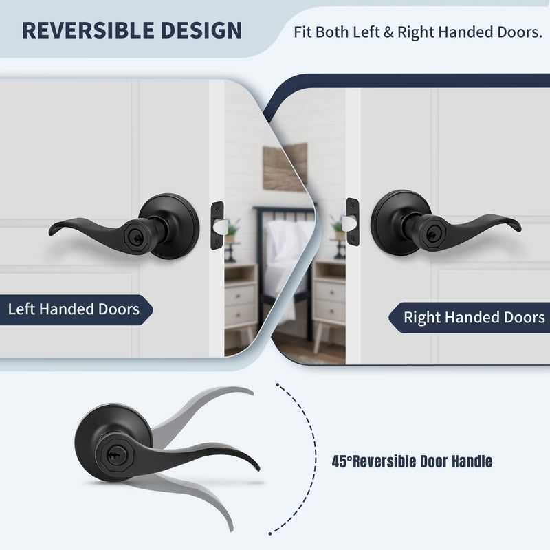 Wave Style Door Lever Keyed Entry Door Handle with Lock, Entrance Lever Reversible for Left/Right Handed for Office or Front Door with Matte Black, 1 Pack
