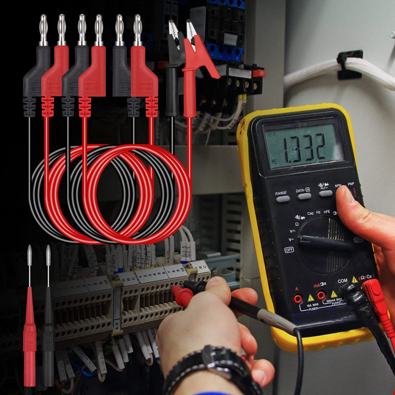 [Australia - AusPower] - Hejo 6 Piece Test Leads Set with Crocodile Clips Cable, 4 Pieces 4 mm Banana Plug Cable with 2 Pieces Test Probes, 1 m Measuring Cable for Multimeter (Red and Black) Pack of 6 - 2 colours 