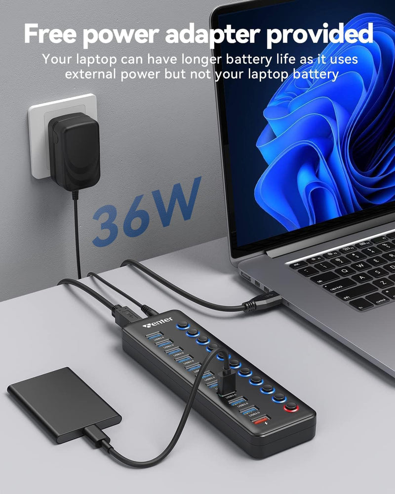 [Australia - AusPower] - Powered USB Hub, Wenter 11-Port USB Splitter Hub (10 Faster Data Transfer Ports+ 1 Smart Charging Port) with Individual LED On/Off Switches, USB Hub 3.0 Powered with Power Adapter for Mac, PC 10 USB 3.0 ports + 1 Charging port 