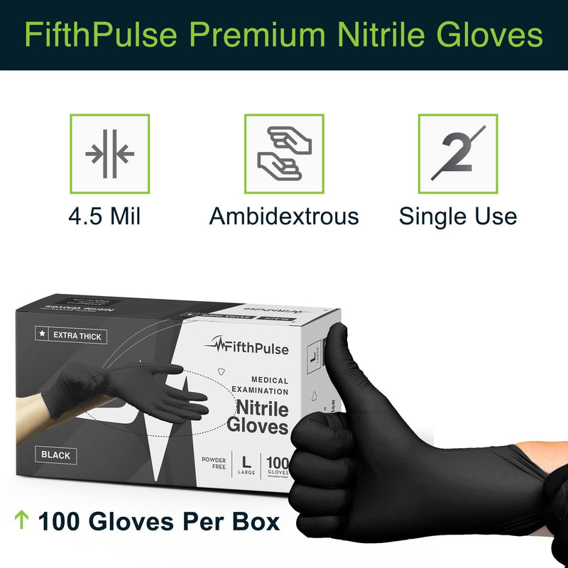 [Australia - AusPower] - Disposable Black Nitrile Gloves Large 100 Count - Extra Thick 4.5 Mil - Powder and Latex Free Rubber Gloves - Surgical Medical Exam Gloves - Food Safe Cooking Gloves 