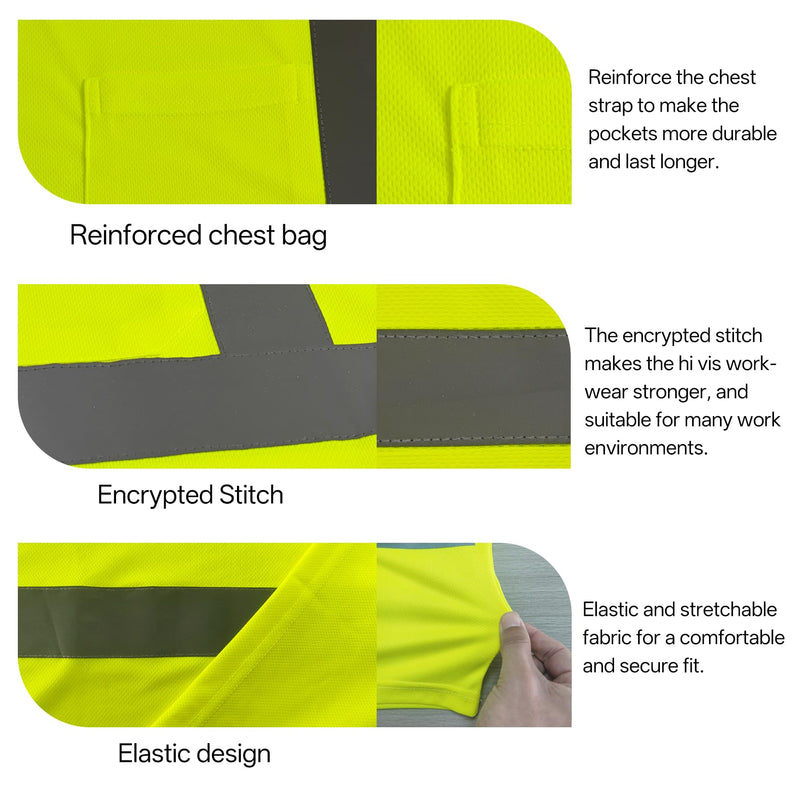 wefeyuv High Visibility Shirts for Men & Women, Short Sleeve Class 2 Safety T Shirts with Reflective Strips and Pocket, Durable & Breathable for Construction Work Use, Yellow, 2XL XX-Large Hi-vis Yellow