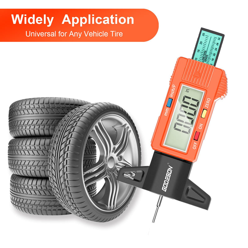 [Australia - AusPower] - GODESON Tire Tread Depth Gauge, Digital Tire Tread Depth Gauge with 3 Modes-Fractional Inch,Tire Tread Gauge with Color-Coded Bar,Tire Depth Gauge Suitable for All Vehicle Tires-Orange Orange 