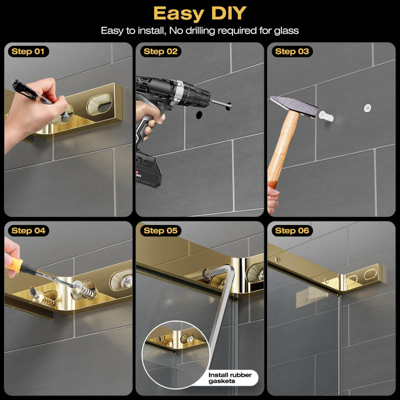 Ranbo Sleeve-Over Shower Panel Support Bracket, Left Side Installation | 304 stainless steel, fits 1/4" - 1/2" (6-12 mm) thick glass, mirror gold, no glass drilling Left Side Glass Polished Gold
