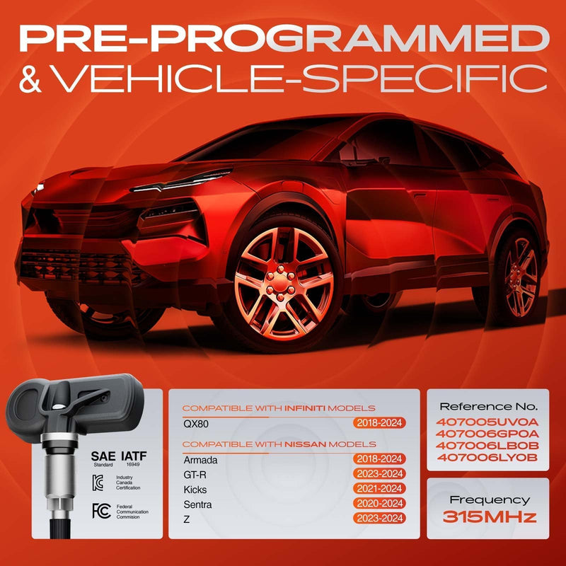 [Australia - AusPower] - A-Premium 4PCS Pre-Programmed TPMS Sensor Tire Pressure Monitoring Sensor - Compatible with Nissan & Infiniti - Sentra 20-24, Armada 18-24, Kicks 21-24, GT-R 23-24, Z 23-24, QX80 18-24 - 315MHz 