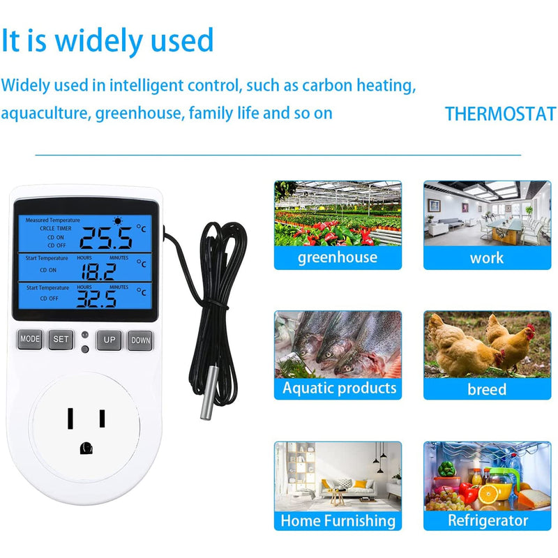 [Australia - AusPower] - Backlit Digital Temperature Controller, LCD Screen Heating Cooling Thermostat Outlet Socket with Sensor Timer Regulator for Reptile Incubator Greenhouse Brewing Refrigerator, 110V, 15A, ?/? 