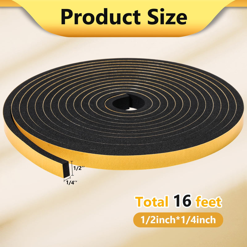 [Australia - AusPower] - Weather Stripping Door Seal Strip (1/2 Inch X 1/4 Inch X 16Feet), Strong Adhesive, Lightproof, Soundproof, Weatherproof Foam Tape Insulation for Sliding Door, Front Door Frame, Windows- Black 1/2 Inch X 1/4 Inch X 16Feet 