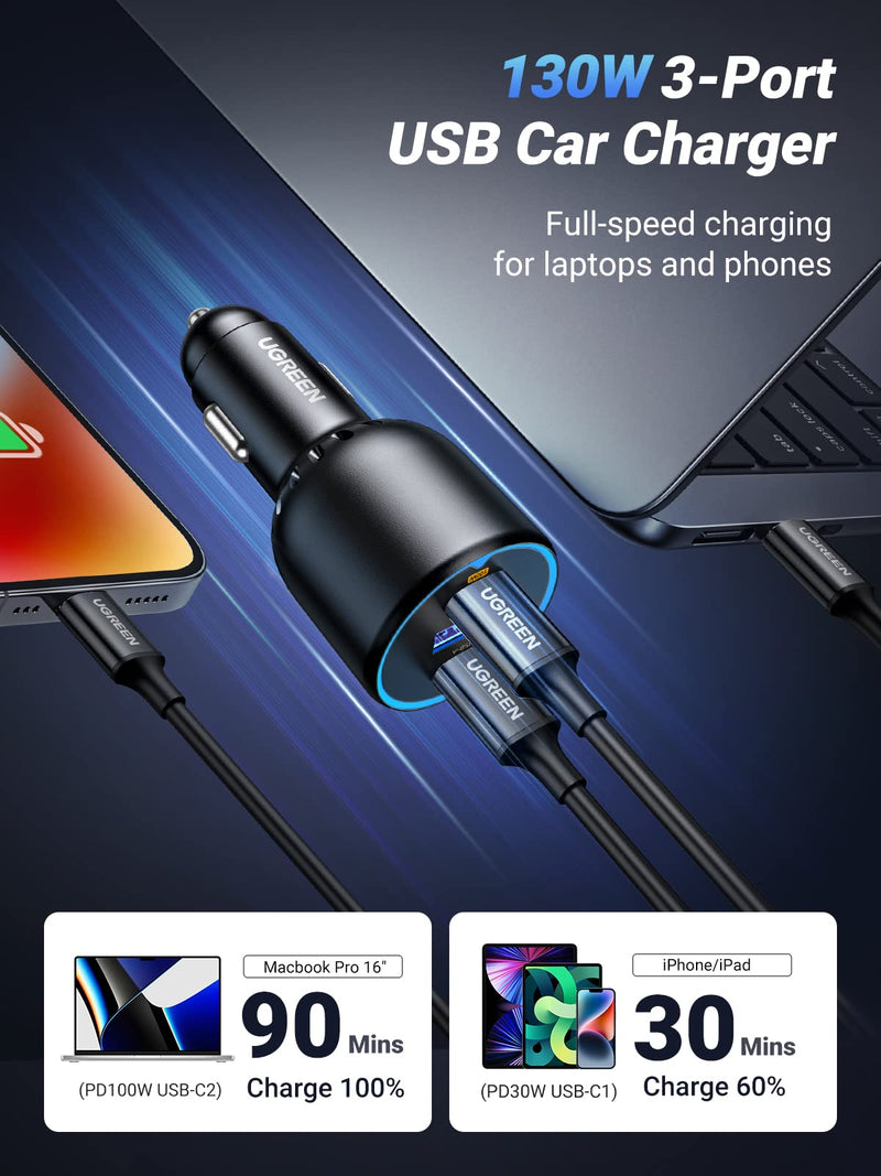 [Australia - AusPower] - UGREEN 130W USB C Car Charger, PD 100W +PD 30W Type C Car Charger Adapter, Fast Charging Car Charger Compatible with iPhone 15 15 Plus 15 Pro 15 Pro Max, Galaxy S24 S23 Ultra, iPad, MacBook, and More 