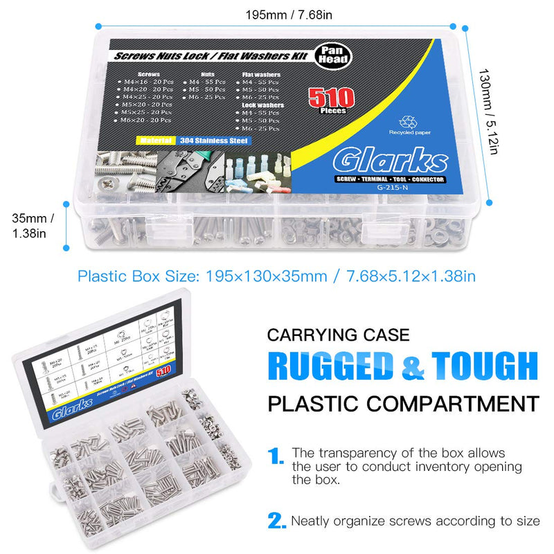 [Australia - AusPower] - Glarks 510 Pieces Pan Head Stainless Steel Screws Nuts Lock and Flat Gasket Washers Assortment Kit Pan Head Screws 