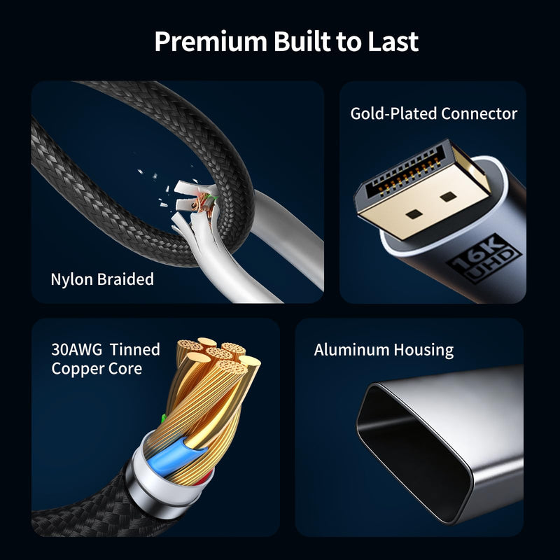 USB-C to DisplayPort 2.1 Cable, 80Gbps UHBR20, 16K@60Hz 8K@120Hz 4K@240Hz, VRR HDR Thunderbolt 5/4 Compatible with MacBook Pro, Mac mini, RTX5090, OLED Gaming Monitor, Nylon Braid 6.6FT 6.6 Feet