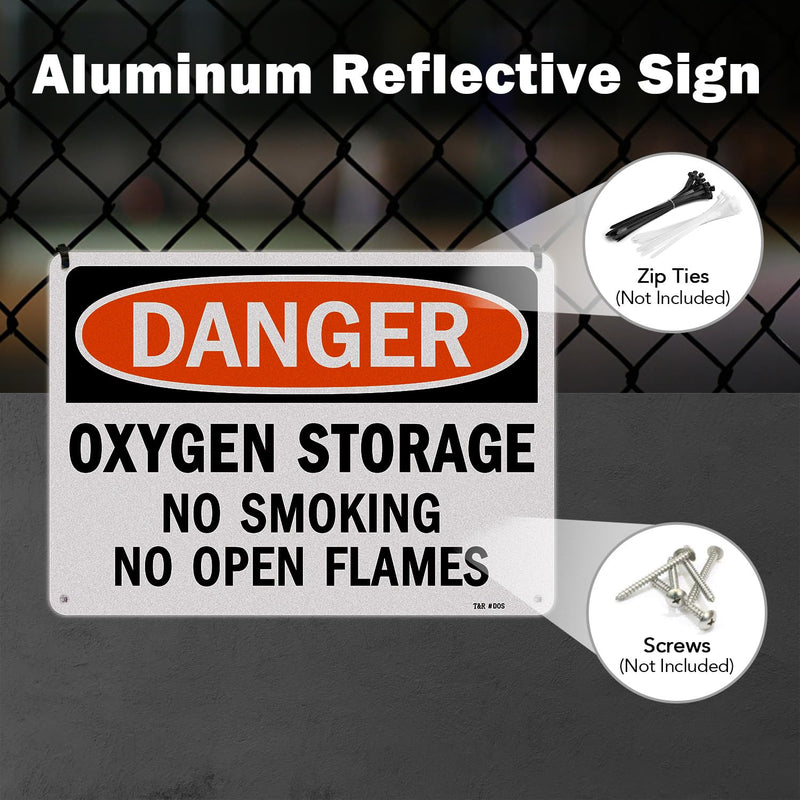 T&R Oxygen Storage No Smoking No Open Flames Sign - 2 Pack - 10 x 7 Inches Rust Free Aluminum Reflective - UV Protected, Waterproof, Weatherproof and Fade Resistant - 4 Pre-drilled Holes 10" x 7" - 2 pack - Oxygen Storage