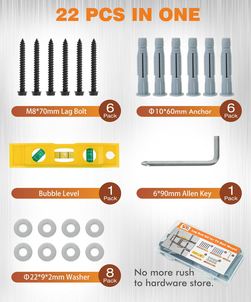 [Australia - AusPower] - Lag Bolt Kit for TV Mounting Hardware - M8x70mm Lag Bolt and Washer for Wood Stud, Anchors for Concrete/Brick Wall, Includes Allen Key and Bubble Level for Easy Installation 