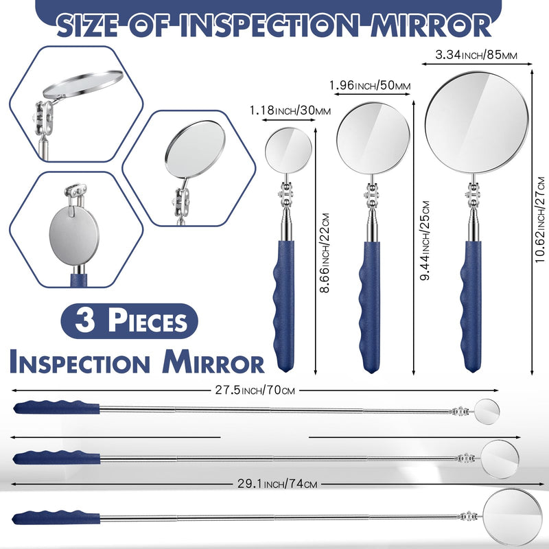[Australia - AusPower] - 3 Pieces Telescoping Inspection Mirror Stainless Steel Mechanic Mirror with Long Handle Extendable Mirror Telescoping Mirror Tool for Technicians Mechanics Contractors (Round) Round 